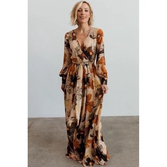 Baltic Born Dresses & Skirts - Baltic Born Floral Long Sleeve Dress - Cream and Brown